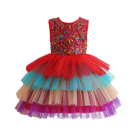 

Generic Kids Toddler Baby Girls Print Ruffle Sleeveless Show Lace Tulle Party Princess Dress Clothes for Catwalk Performance Holiday Party Wedding Christmas（7-8 Years Red）