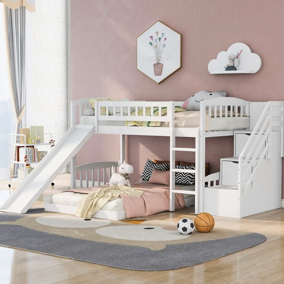 Sturdy Pine Bunk Bed with Slide and Drawers | Save Room, Play Safely