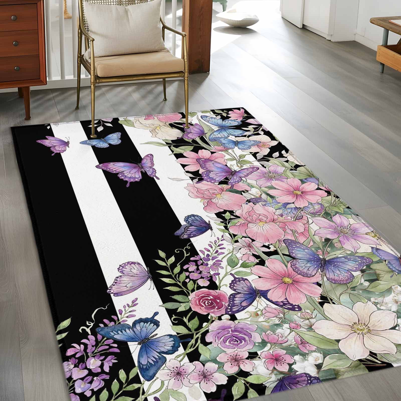 3'x5' Area Rugs, Pink Flowers Indoor Outdoor Area Rug for Living Room Bedroom, Spring Floral Watercolor Botanical Farmhouse Striped Bathroom Rugs Kitchen Floor Carpet Mats Home Decor Aesthetic