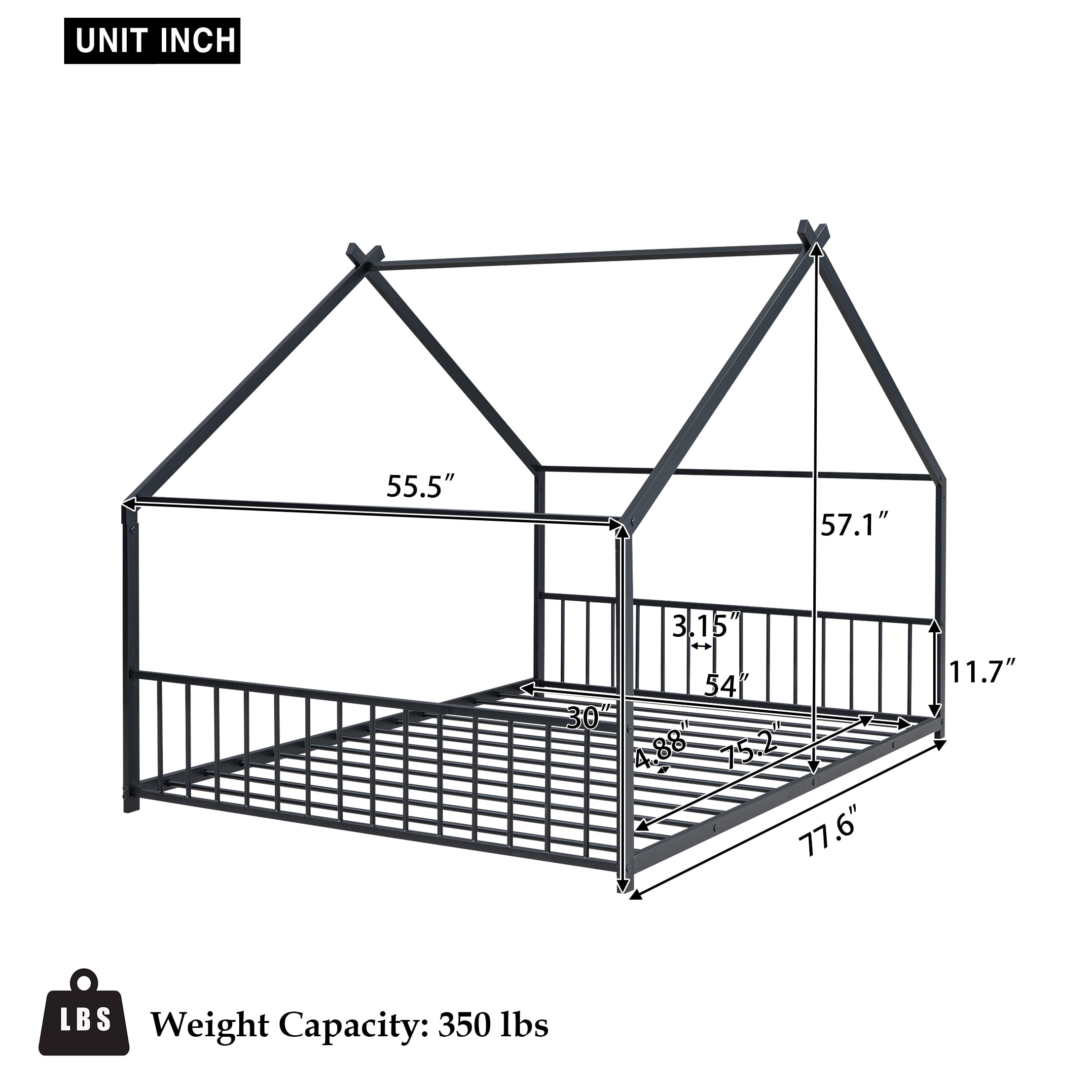 Bellemave Full Size Metal House Bed with Headboard and Footboard Montessori House Bed, Metal Floor Bed with Roof, No Box Spring Needed, Black