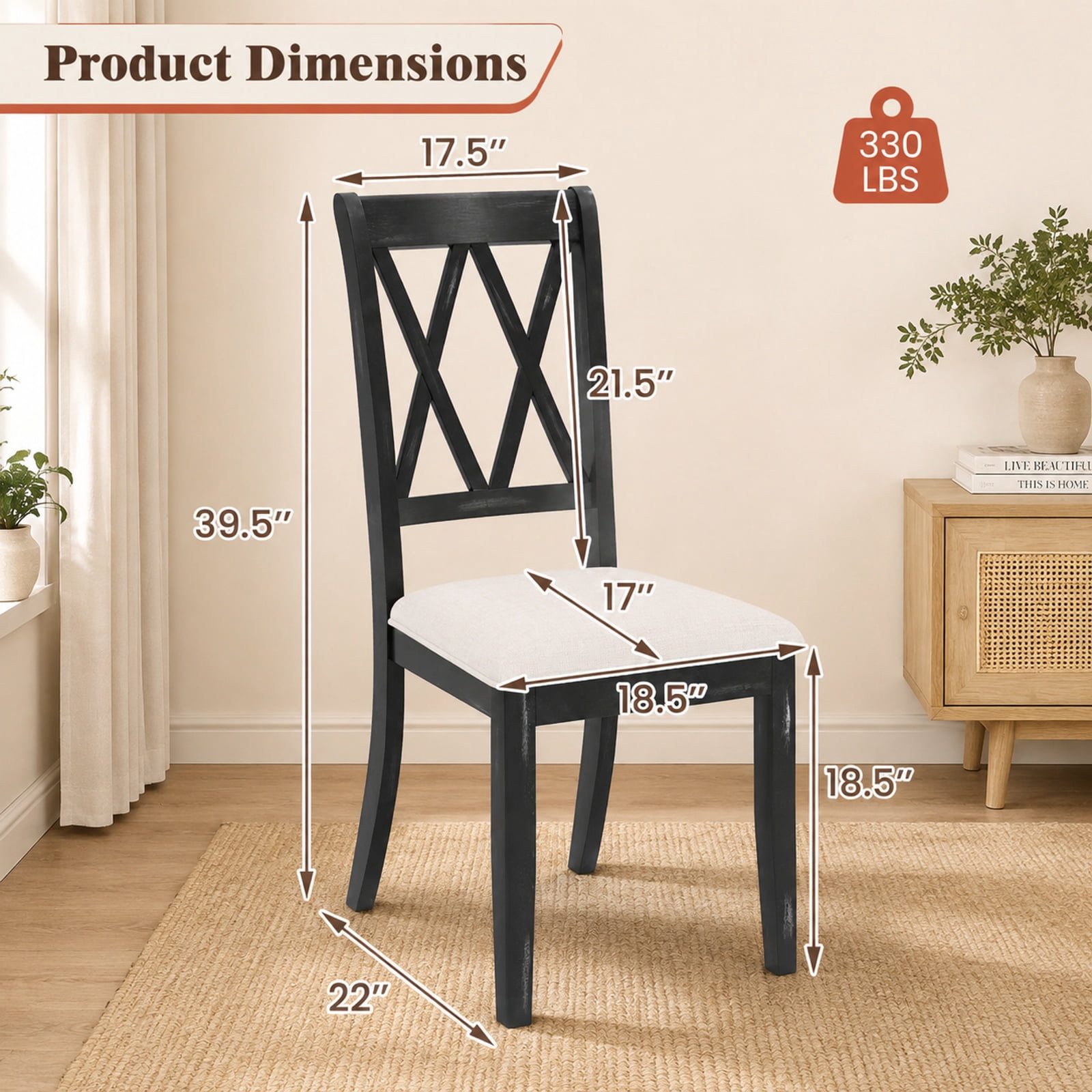 Furnibear Upholstered Dining Chairs Set of 2 Kitchen Side Chairs with Curved Cross Back and Natural Rubber Wood Legs for Dining Room, Beige