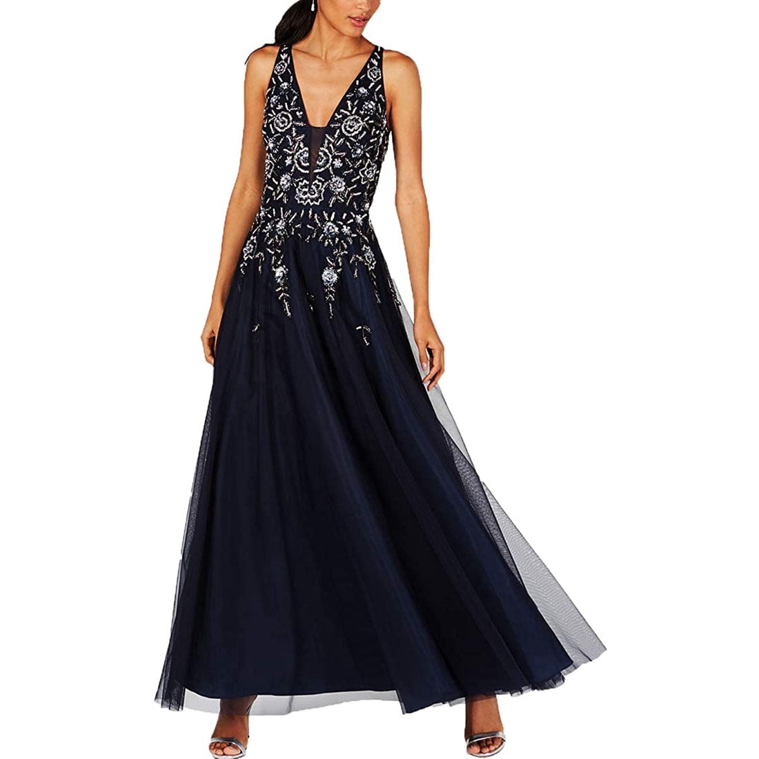 Adrianna Papell Beaded Mesh Long V-Neck 