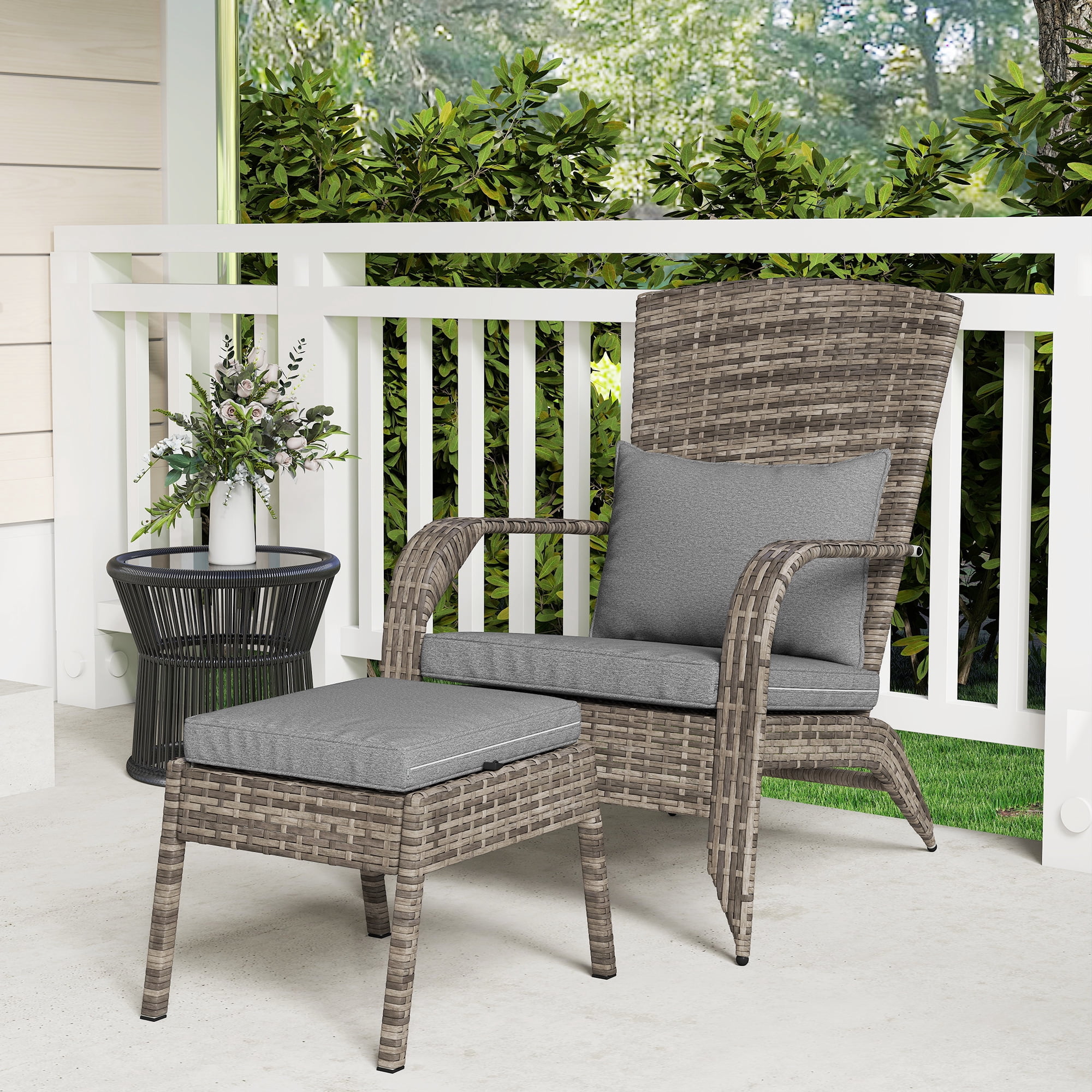 Patio Wicker Adirondack Chair with Ottoman, Outdoor Fire Pit Chair with Cushions, High-Back, Large Seat & Armrests for Deck, Garden & Backyard, Gray