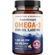 Triple Strength Omega 3 Fish Oil 3600 mg | EPA & DHA | Over 2100mg Omega-3 Fatty Acids | 1300mg EPA + 860mg DHA | Burpless Fish Oil Omega 3 Supplements | 120 Ct