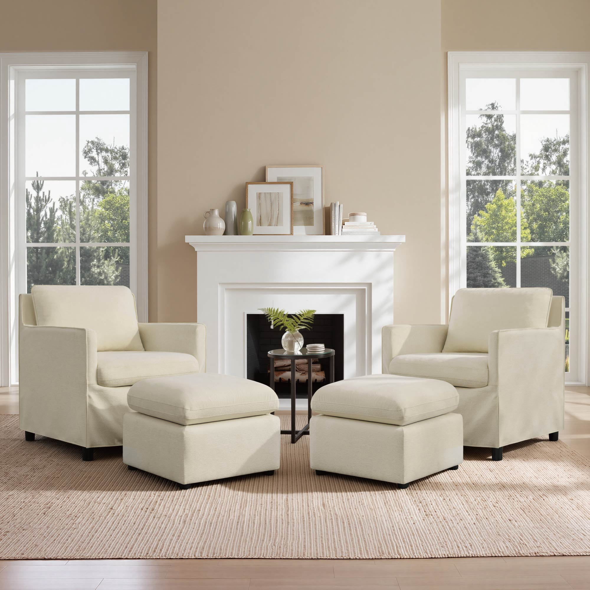 Spruce & Spring Upholstered Ottoman Footstool with Padded Cushion for Living Room and Bedroom, Sand