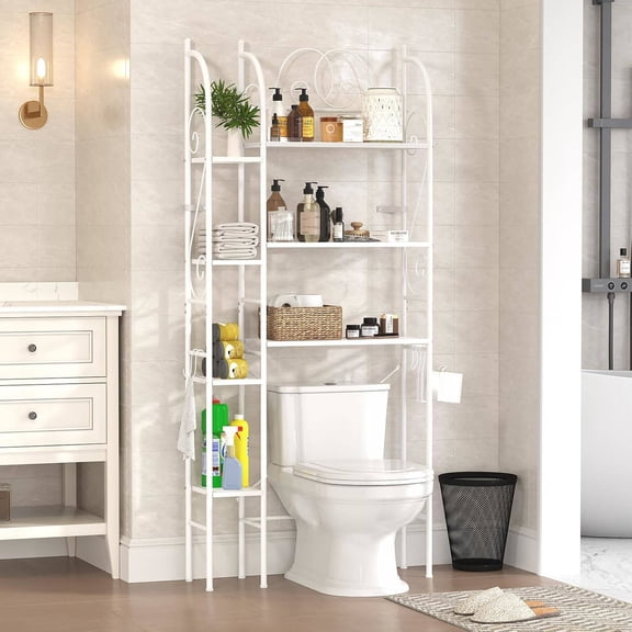 7-Tier Over the Toilet Storage Rack, Heavy-Duty Metal Bathroom Organizer with Adjustable Shelves, Toilet Paper Holder & Side Hooks, White