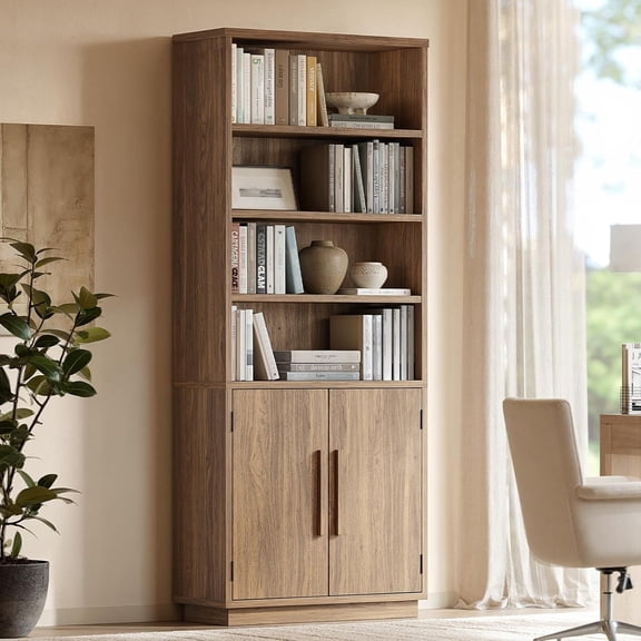 70'' Tall Bookcase with Doors, 7-Tier Bookshelf with Cabinet & Adjustable Shelves, Wooden Floor Standing Display Bookshelves with Storage Cabinet for Living Room, Home Office, Walnut