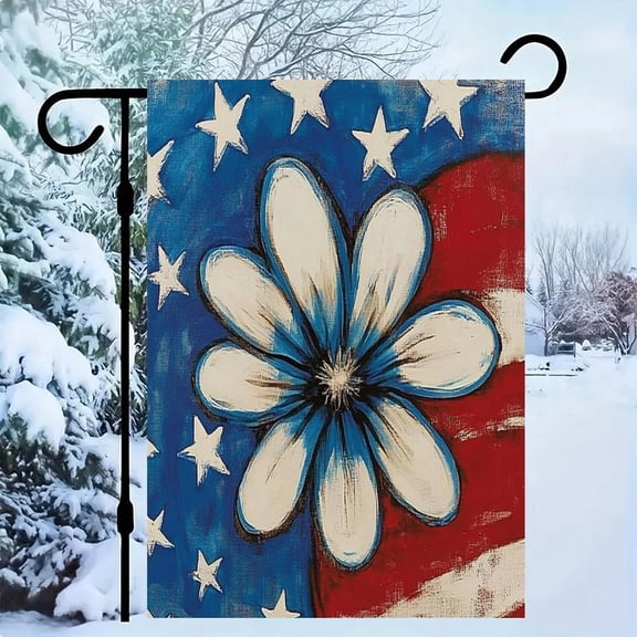 RKSupls Patriotic Linen Double Sided Garden Flag, Independence Day Themed Yard Decor, Patriotic Blue White Flower Outdoor Banner for Holiday Lawn