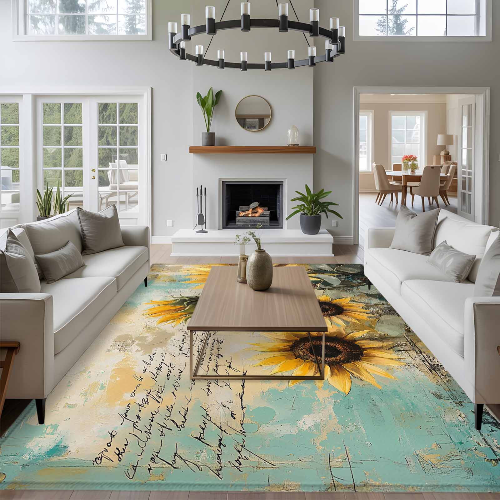 6'x9' Area Rugs, Sunflower Indoor Outdoor Area Rug for Living Room Bedroom, Farmhouse Vintage Summer Botanical Pastoral Washable Bathroom Rugs Kitchen Floor Carpet Mats Home Decor Aesthetic