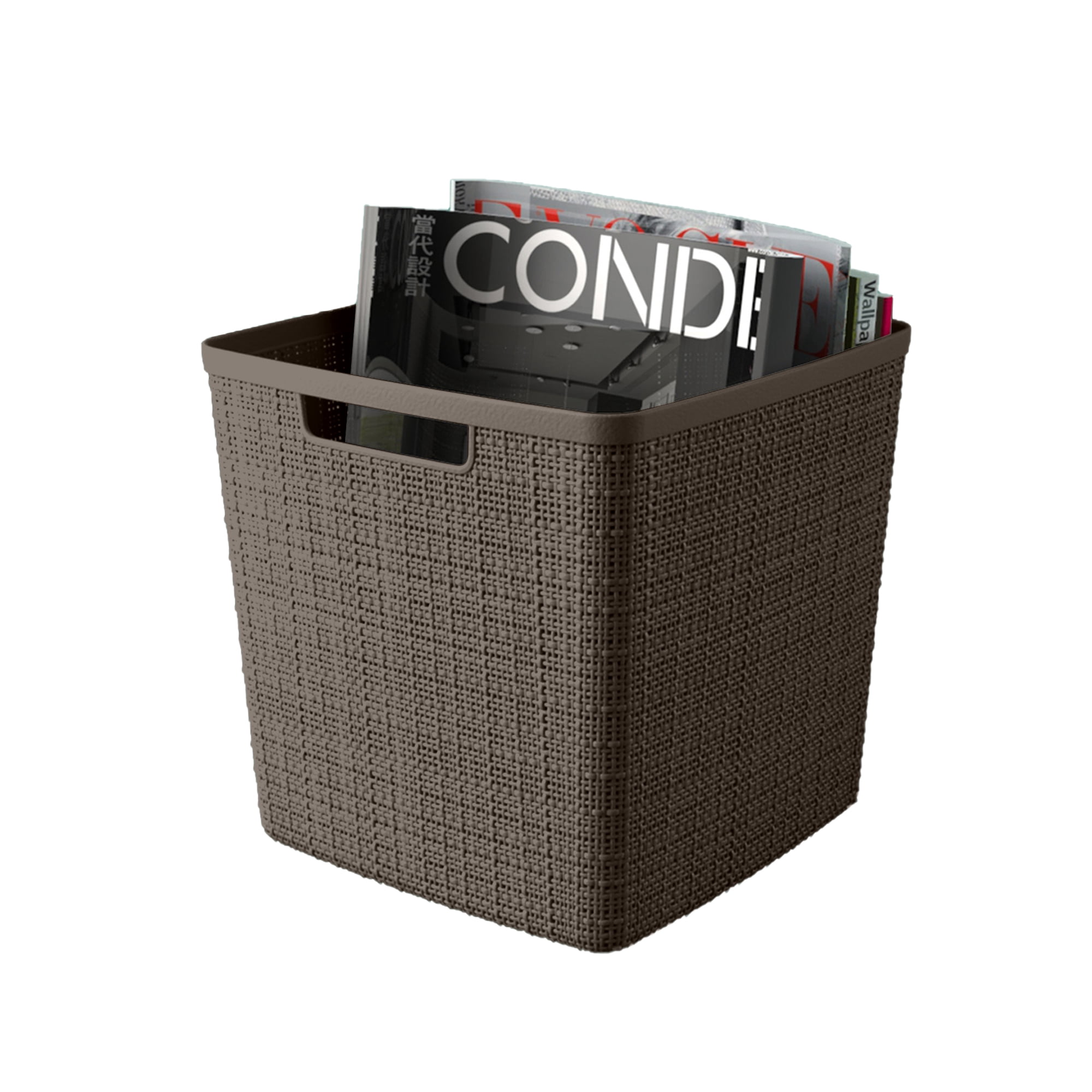 Curver Jute 11" Cube Basket, Resin Plastic Storage Bin, Warm Grey, 4 Pack