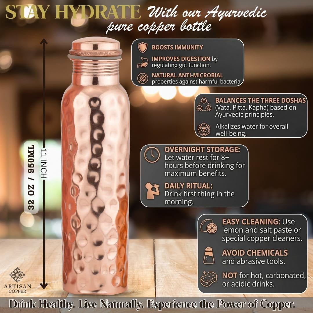 Artisan Copper 100% Pure Copper Water Bottle 32oz, Ayurvedic Drinking Bottle for Women and Men Wide Mouth Design Carrying Canvas Bag