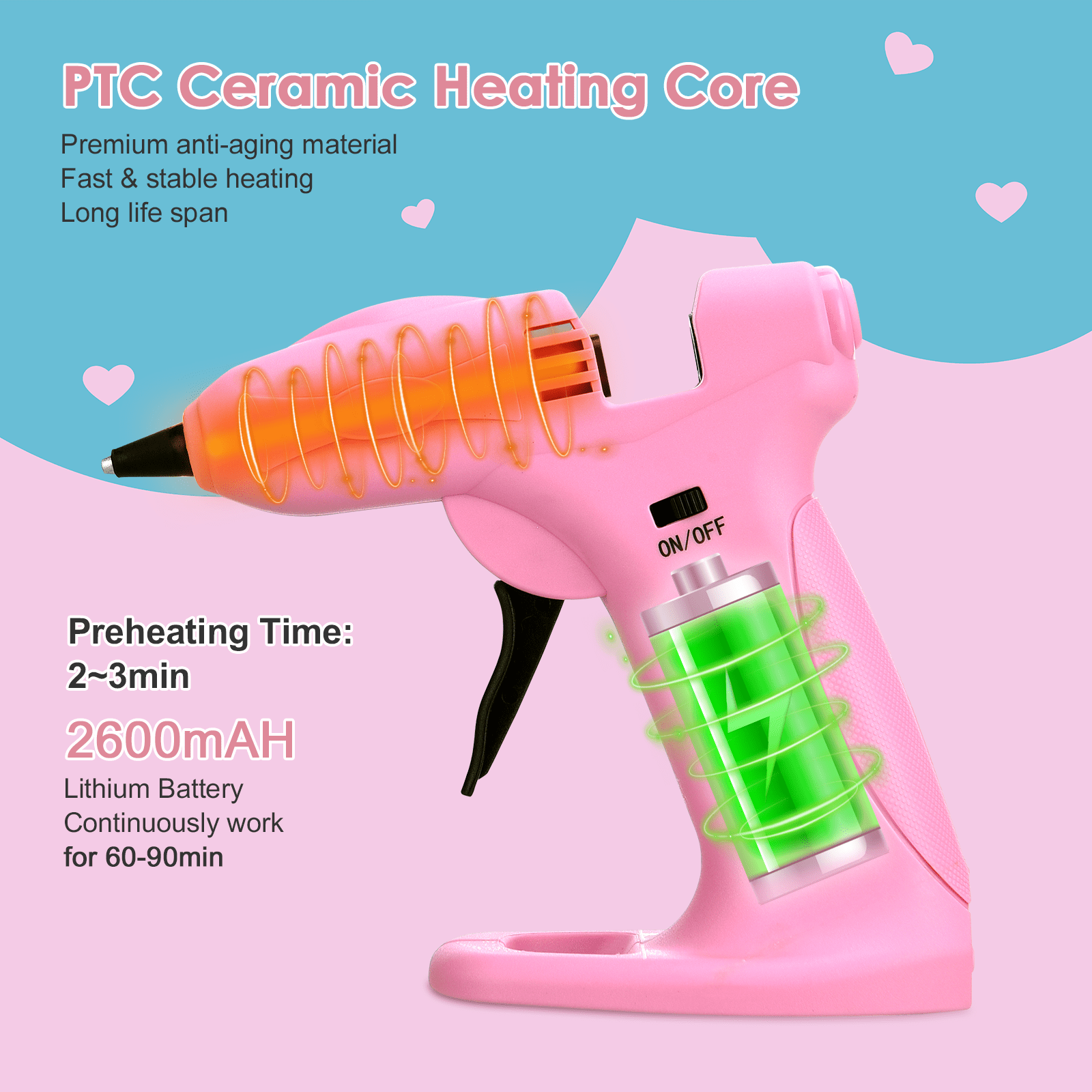 Uarter Hot Glue Gun Cordless Full Size 2600mAh USB Rechargeable LED Digital Hot Melt Glue Tool with Stand, 30 Glue Sticks & 6 Finger Protectors - Pink