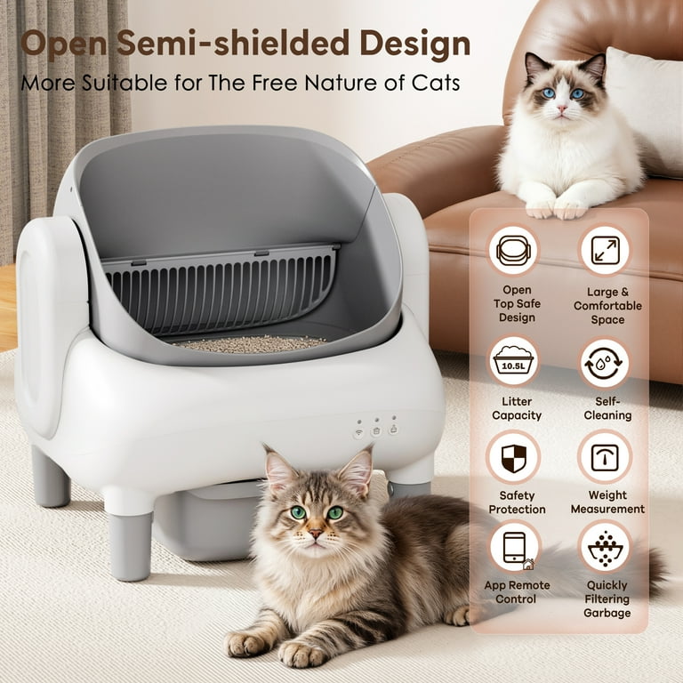 Open-Top Self-Cleaning Cat Litter Box Smart Automatic with APP  Control,Safety Sensors, Health Monitoring