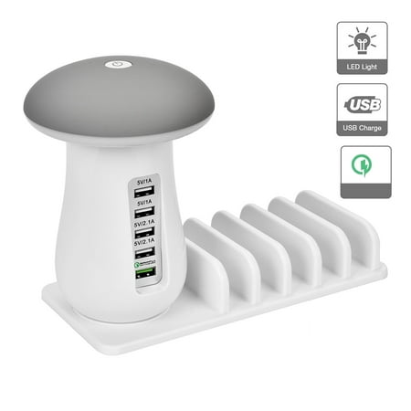 Aspire Table Lamp Multiple USB Charging Station Stand Organizer With Mushroom LED Desk Lamp for Smartphones/Tablets/Other Gadgets White (US Plug) ()