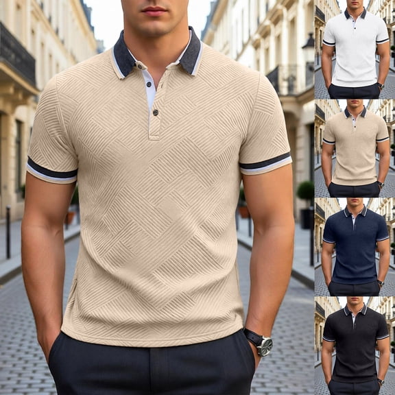 Mens Summer Color Block Polo Shirt Contrast Collar T Shirt Summer Short Sleeve Top Black L