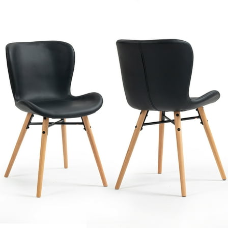 Set of 2 Banks Black Faux Leather Dining Chair with Wood Legs