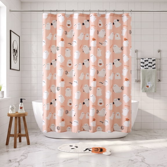 Way To Celebrate 13-Piece Cute Ghost Shower Curtain Set with 12 Hooks, Pink