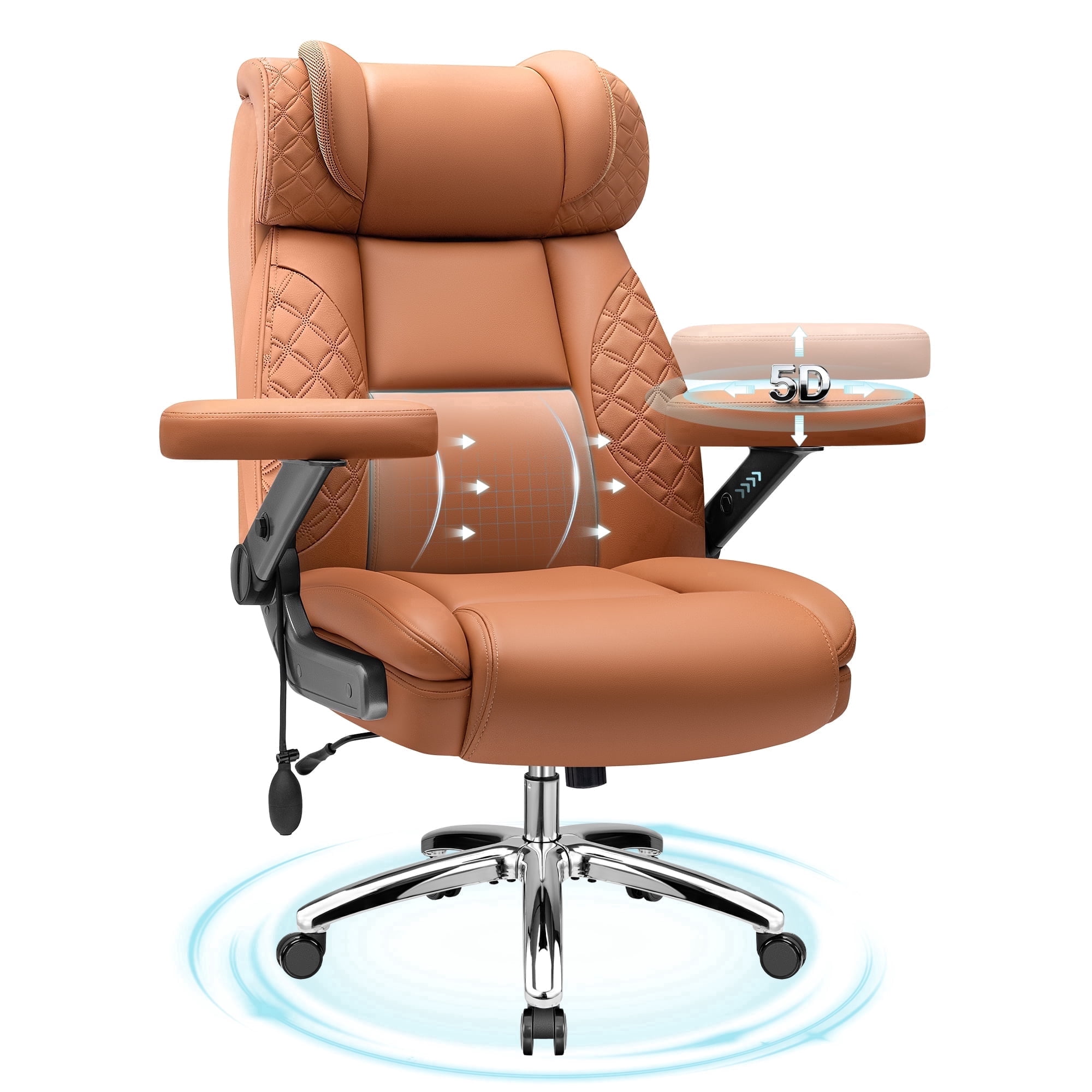 FASTES Leather Office Chair Big and Tall Desk Office Chair, 500lbs Computer Chair Ergonomic Extra Wide Gaming Chair with Adjustable Lumbar Support 5D Flip Arms,Brown