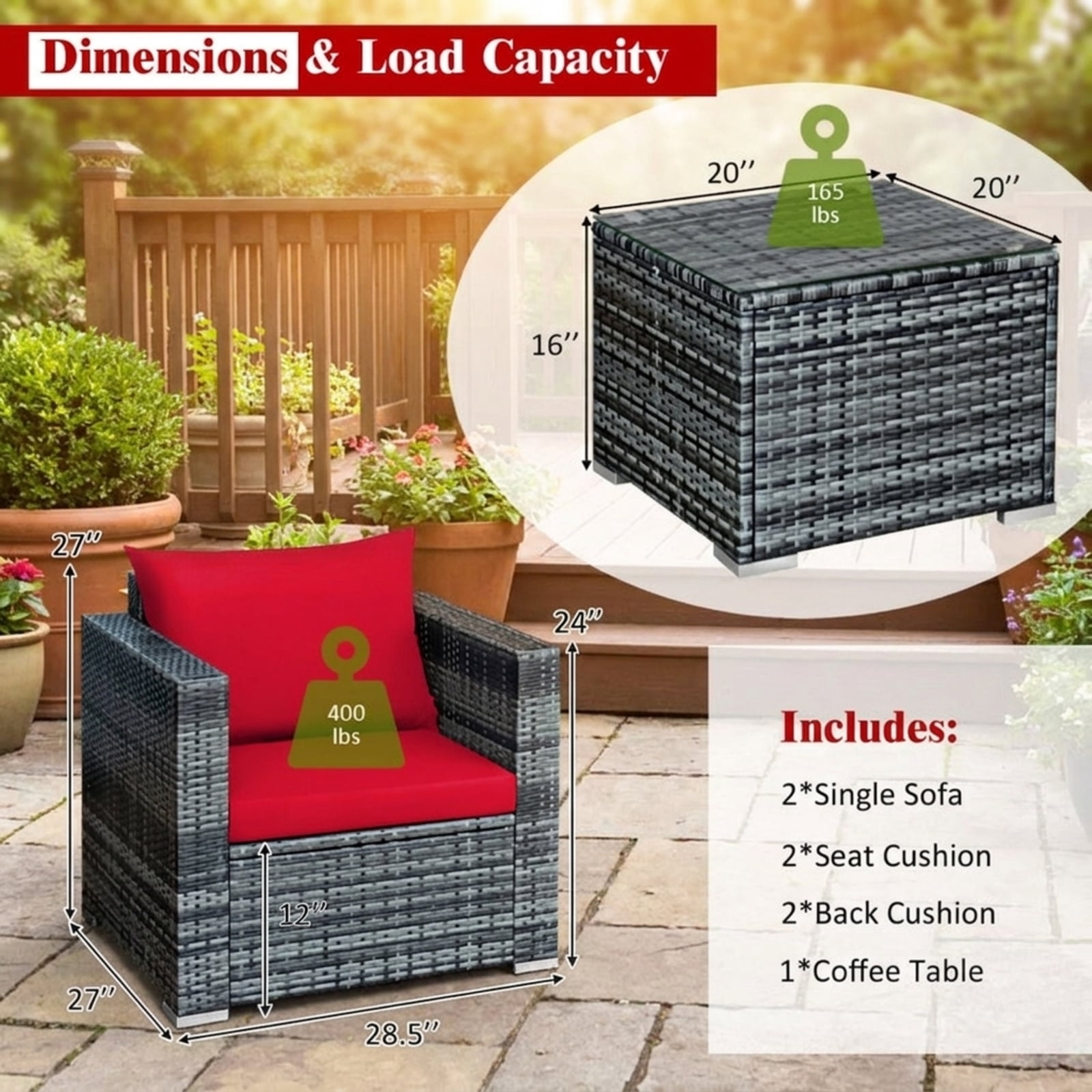 Biotree Patio Furniture Set 3 Pcs Rattan Outdoor Bistro Conversation Set with Cushioned Sofas and Coffee Table for Garden Backyard Porch, Red