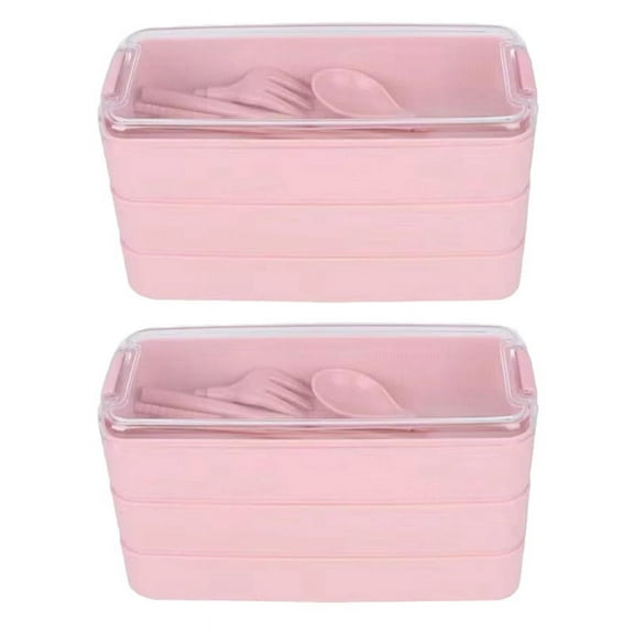 Three-Layer Lunch Box Bento Box Outdoor Lunch Box Microwaveable with Fork & Spoon Pink
