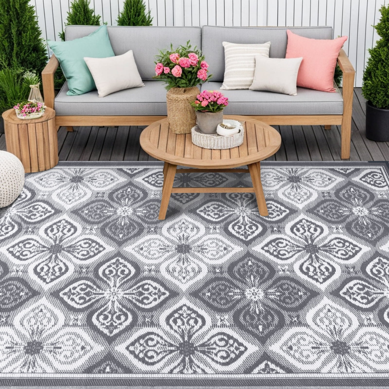 LOKHOM Outdoor Rug for Patios, 6'x9' Waterproof Reversible Patio Mat, Plastic Outside Rug for RV, Patio, Deck, Balcony, Camper, Porch, Tent