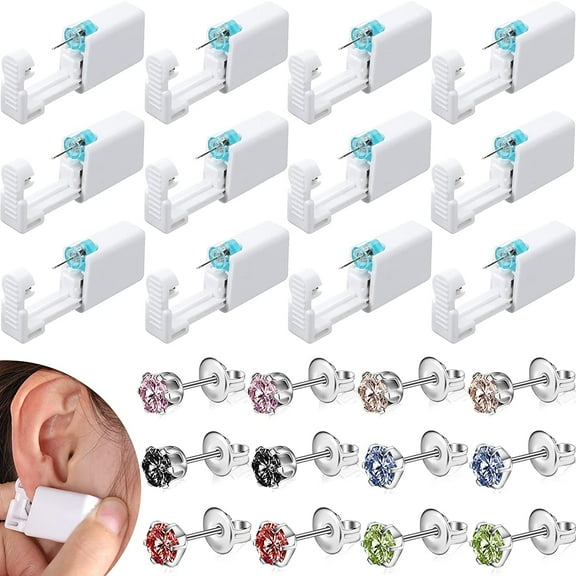 Ziediop Self Ear Piercing Kit with Rhinestone Studs, 12 Pack