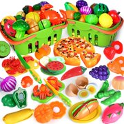 100 PCS Cutting Play Food Toy for Kids Kitchen, Pretend Food Toys for Toddlers, Play Kitchen Toys Accessories with 2 Baskets, Fake Food/Fruit/Vegetable