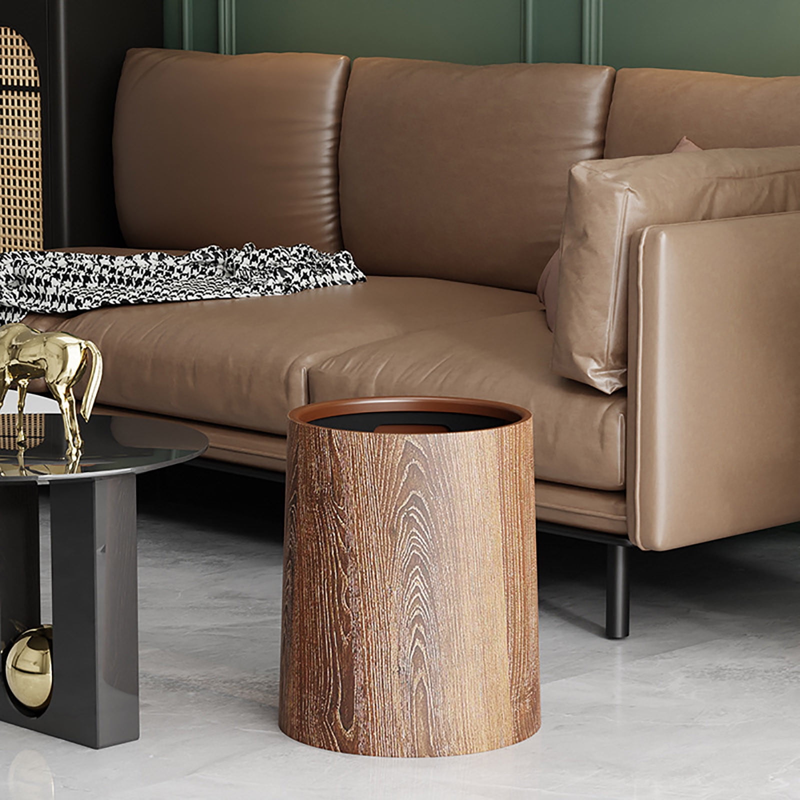 Tgbvmt Vintage Wood Grain Flip Lid Trash Can Large Capacity Odor Blocking Wastebasket Round Clamshell Garbage Bin for Living Room Kitchen Office Bathroom Hotel Home Waste Organization