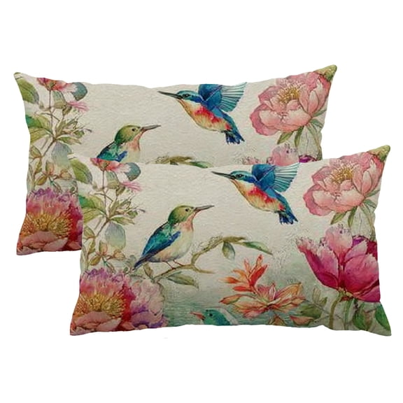 Heduofu Summer Hummingbird Lumbar Pillow Covers French Vintage 12 x 20 Inch, Dahlia Floral Decorative Farmhouse Cushion Case for Sofa Couch Set of 2 12x20inch