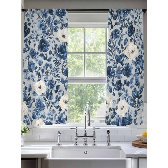 Navy Blue White Peony Sheer Curtains for Living Room Bedroom Vintage Floral Blossom Sheer Curtains 63 Inch Long 2 Panels Set Light Filtering Curtain Window Treatments Drapes for Dining Room