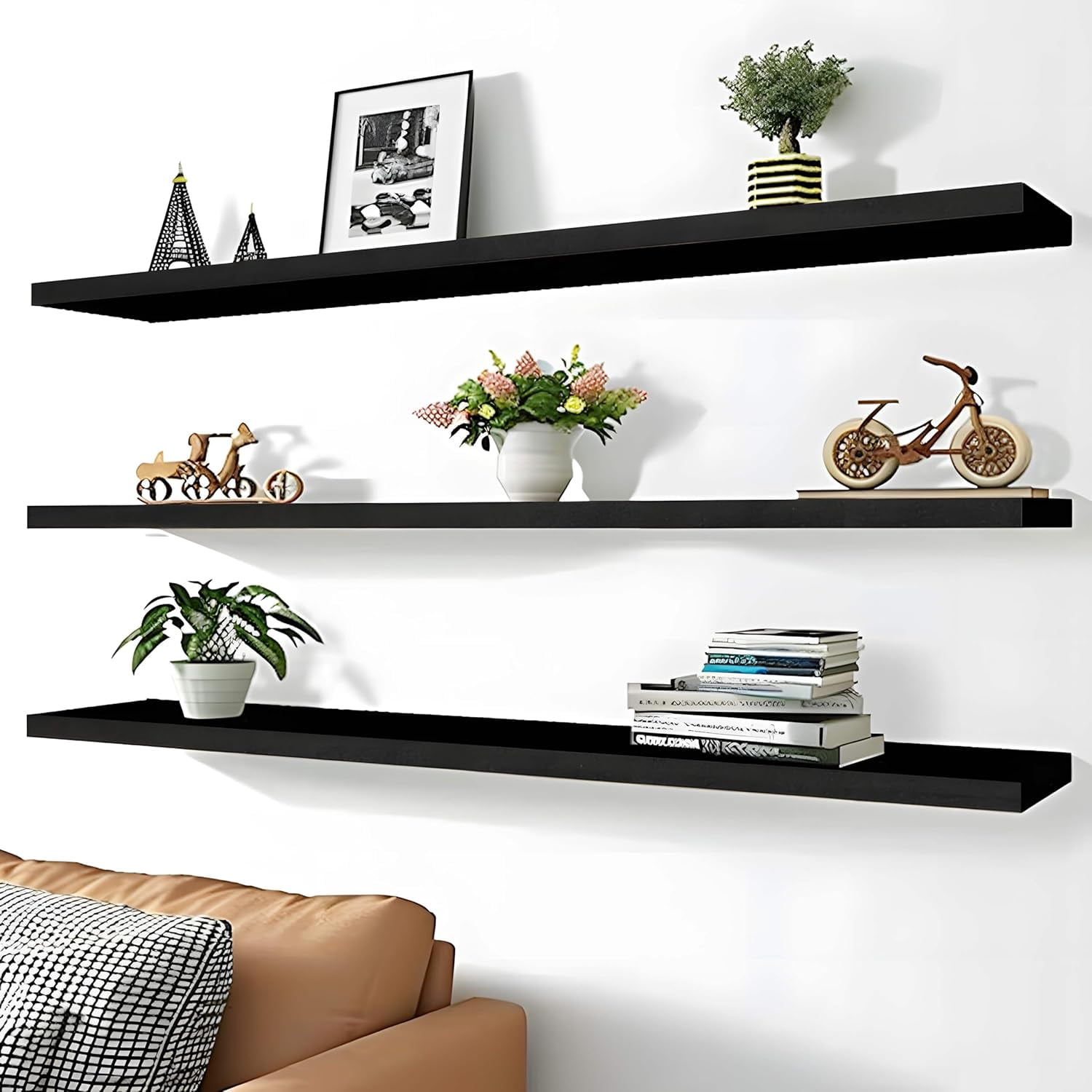 48 Inch Rustic Farmhouse Floating Shelves for Wall Decor Storage Wood Wooden Wall Shelves for Bedroom Bathroom Kitchen Living Room - Black Set of 4