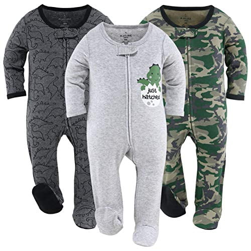Footed Baby Sleepers for Boys , Camo & Dinosaur, 3 Pack Set (6M) Grey