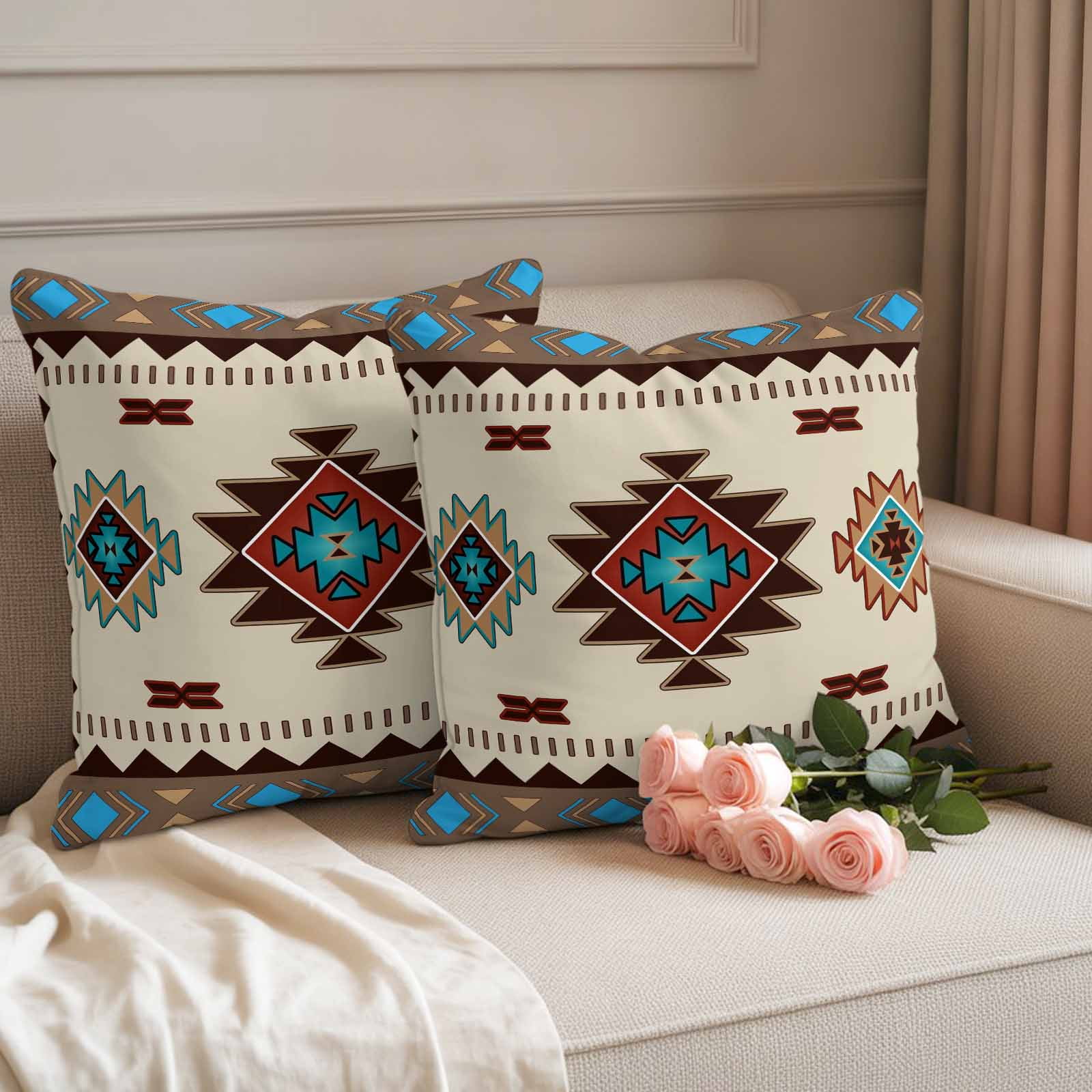 Pack of 2 Outdoor Pillow Covers,Waterproof Boho Southwest Throw Pillow Covers,Farmhouse Aztec Tribe Brown Blue Plaid Decorative Pillowcases Cushion Covers for Couch Pillow Sham Protector 18x18 Inch