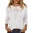 thumbnail image 3 of Womens Summer Tops Hollow Out Beach Crochet Cover Ups Off Shoulder 3/4 Sleeve Pullover Casual Sweater Shirts for Vacation, 3 of 5