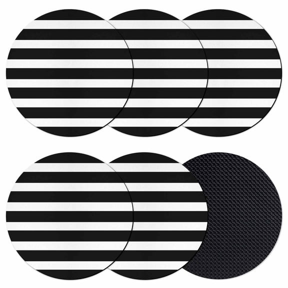 Black Striped Coasters Set of 6, Modern Simple Monochrome Geometric White Absorbent Coasters for Drinks, Coaster for Bar Office Dining Coffee Table Accessories Decor, Non Slip Round Desk Coaster