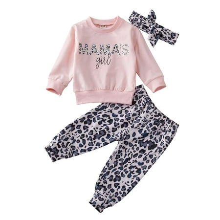 

Canrulo 3PCS Infant Baby Girls Mama s girl T-Shirt Tops Leopard Long Pants and Hairband Fall Winter Outfits Pink 0-6 Months