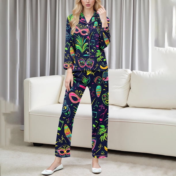 RKSTN Women's Carnival Pajamas Sets Oversized Lapel Mardi Gras Print Button Long Sleeve Sleepwear T Shirt and Pjs Pant 2 Piece Matching Set Casual Turndown Plus Size Pajama and Pants Loungewear Set