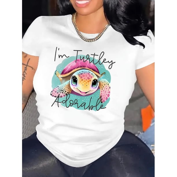 Cute Turtle Print T-Shirt for Women - Casual Style, Medium Stretch Knit Fabric, Round Neck, Short Sleeve, Comfortable Summer Top with Alphabet Design
