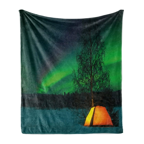 Aurora Borealis Soft Flannel Fleece Throw Blanket, Camping Tent Under Magnetic Field Nature Picture, Cozy Plush for Indoor and Outdoor Use, 50" x 70", Earth Yellow Lime Green, by Ambesonne