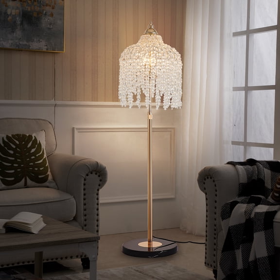 Jopath 3-Light Crystal Floor Lamp, Vintage Waterfall Design with Grape-Shaped Crystal Bead Strings for Living Room, Bedroom, or Office (Bulb Not Included)