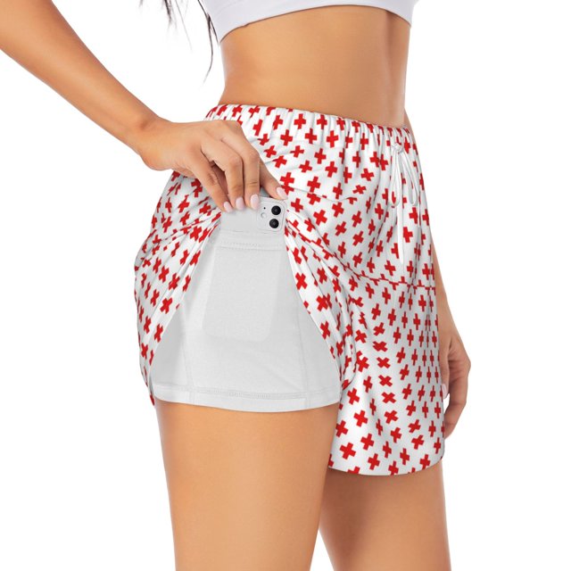Balery Red Cross Pantalones cortos deportivos para mujer con forro y dos bolsillos, elásticos, para entrenamiento, gimnasio, yoga-Small