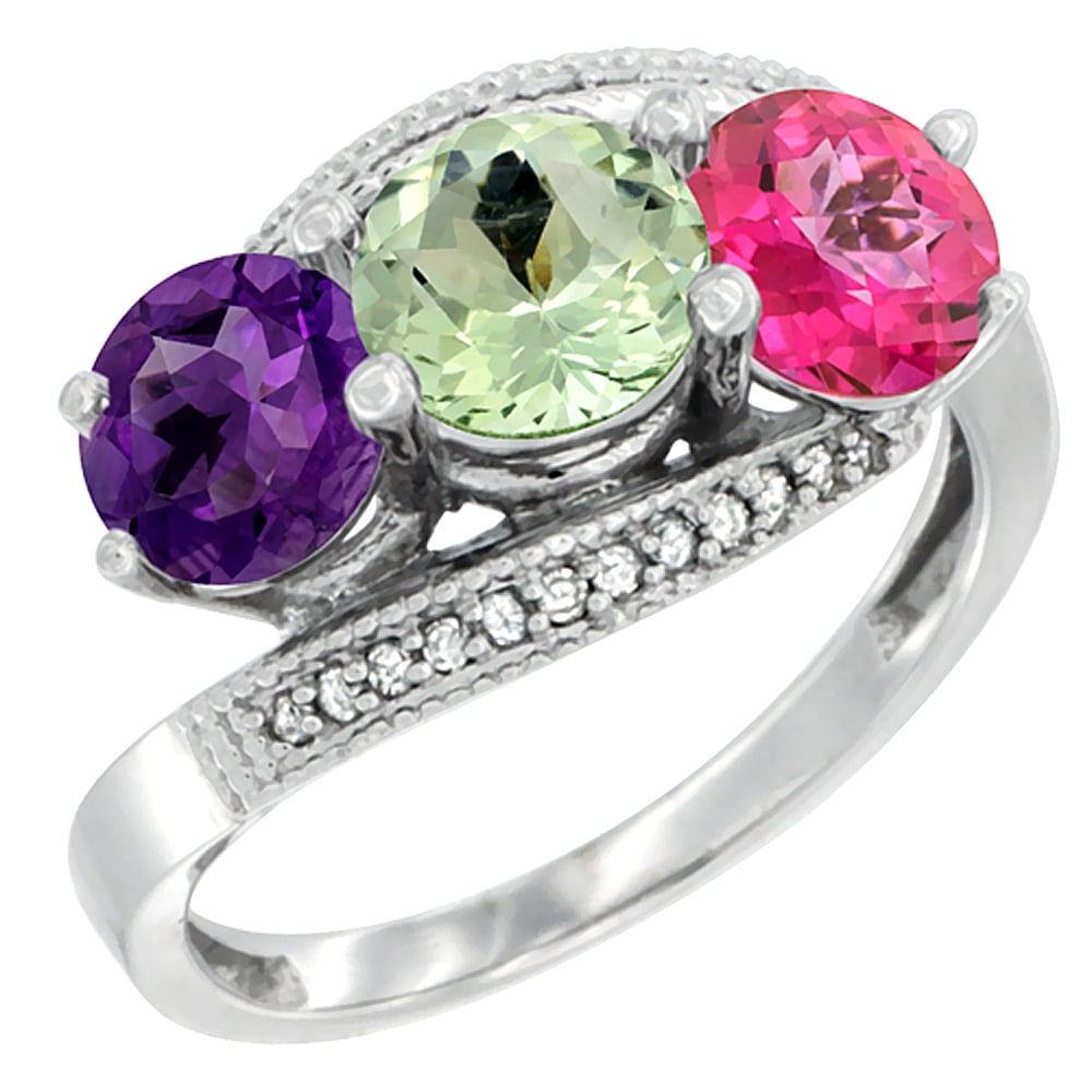 10K White Gold Natural Amethyst, Green Amethyst & Pink Topaz 3 stone Ring Round 6mm Diamond Accent, sizes 5 10 by WorldJewels