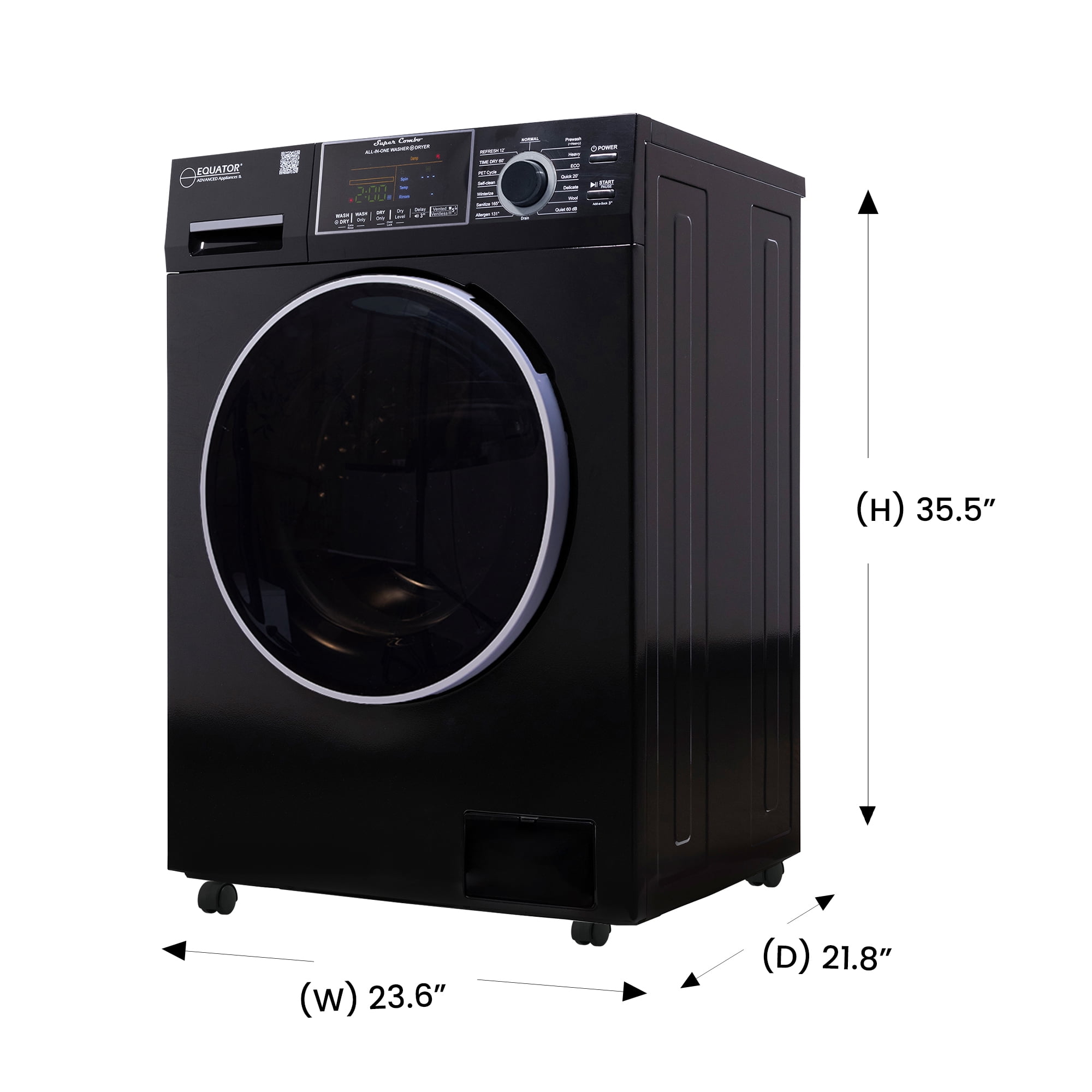 Equator All-in-One Washer Dryer VENTLESS/VENTED PET 1.62cf/15lbs+Portability Kit	Black