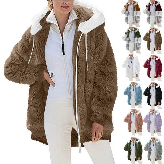 Ndbuld Plus Size Winter Coats for Women, Women Plus Size Winter Warm Loose Plush Zip Hooded Jacket Coat Shacket Jacket for Fall, Winter Gift for Women Brown 2XL