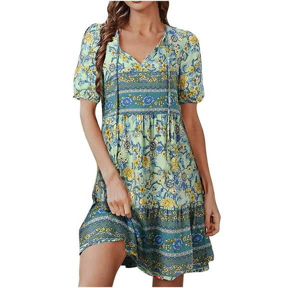 Fesfesfes Women Dress Spring Short Sleeve Floral Printed Lace Dresses Sale or Clearance