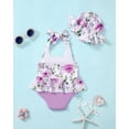 thumbnail image 3 of KIMI BEAR Newborn Baby Girls One-piece Swimsuits 0-3 Months Summer Bathing Suits Off the Shoulder Sleeveless Halter Bow Floral Beach Wear Holiday Rash Guard with Headband 2pcs Purple, 3 of 7