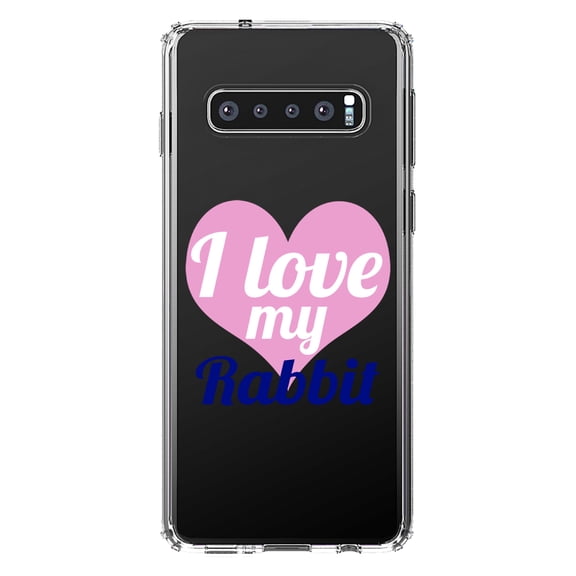 DistinctInk Clear Shockproof Hybrid Case for Samsung Galaxy S10 (6.1" Screen) - TPU Bumper Acrylic Back Tempered Glass Screen Protector - I Love My Rabbit