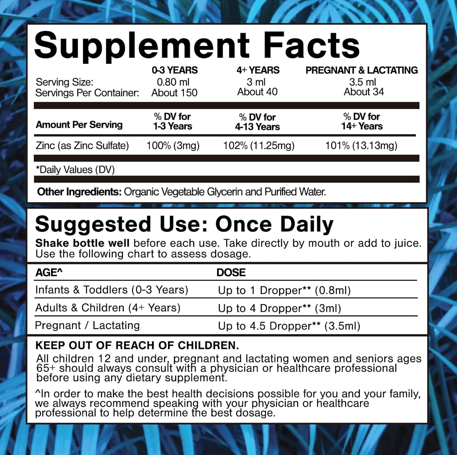 Tropical Oasis Ionic Zinc Drops for Kids & Adults, Maximum Strength Liquid Vitamin Vitamin Supplement for Immunity and Skin health, 4 Oz, 150 Servings