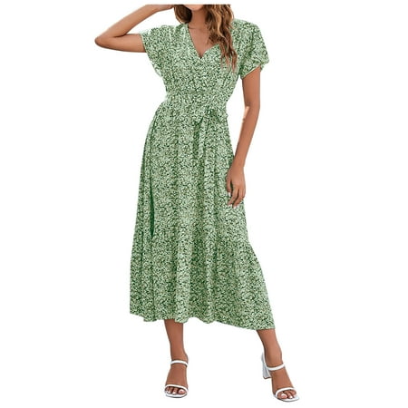 

Ersazi Women Short Sleeve V-Neck Dress Women s Summer Print Dress Dress Tight Dress Beach Dress Sun Dress Ruffled Flowy Long Dress Maternity Dress Summer Summer Print Sexy Waist Drawstring Long Dress