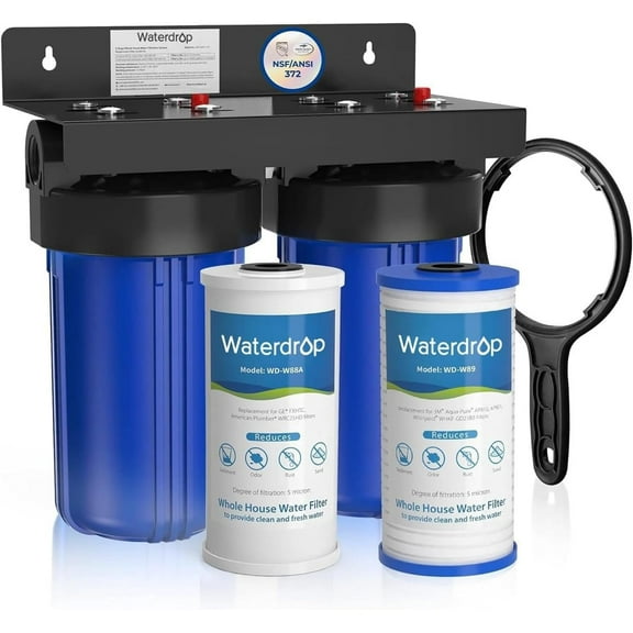 Waterdrop 2 Stage Whole House Water Filter System, with Carbon Filter and Sediment Filter, 5-Stage Filtration, Highly Reduce Chlorine, Taste, Odor, 5 Micron WD-WHF21-BG, 1" Inlet/Outlet